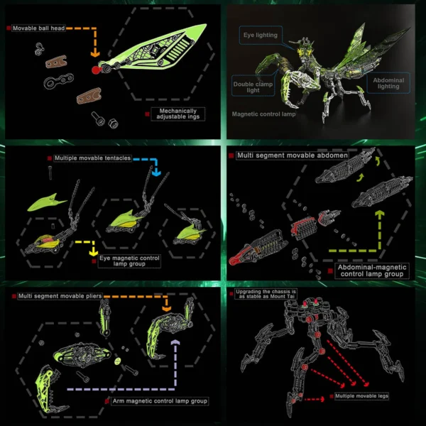 3d-mechanical-mantis-metal-puzzle-magnetic-light-05-dimensions-scale 3D Metal Mechanical Mantis Model Kit with Magnetic Touch Light (1109 PCS Insect Series) - 3D Metal Model Kit View #5 Precision Laser Cut Assembly